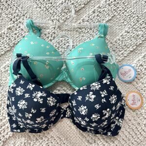 2 FLIRTITUDE Sizes 34C & 36C Cotton Underwire Pad Bras / Blue Floral Adjustable